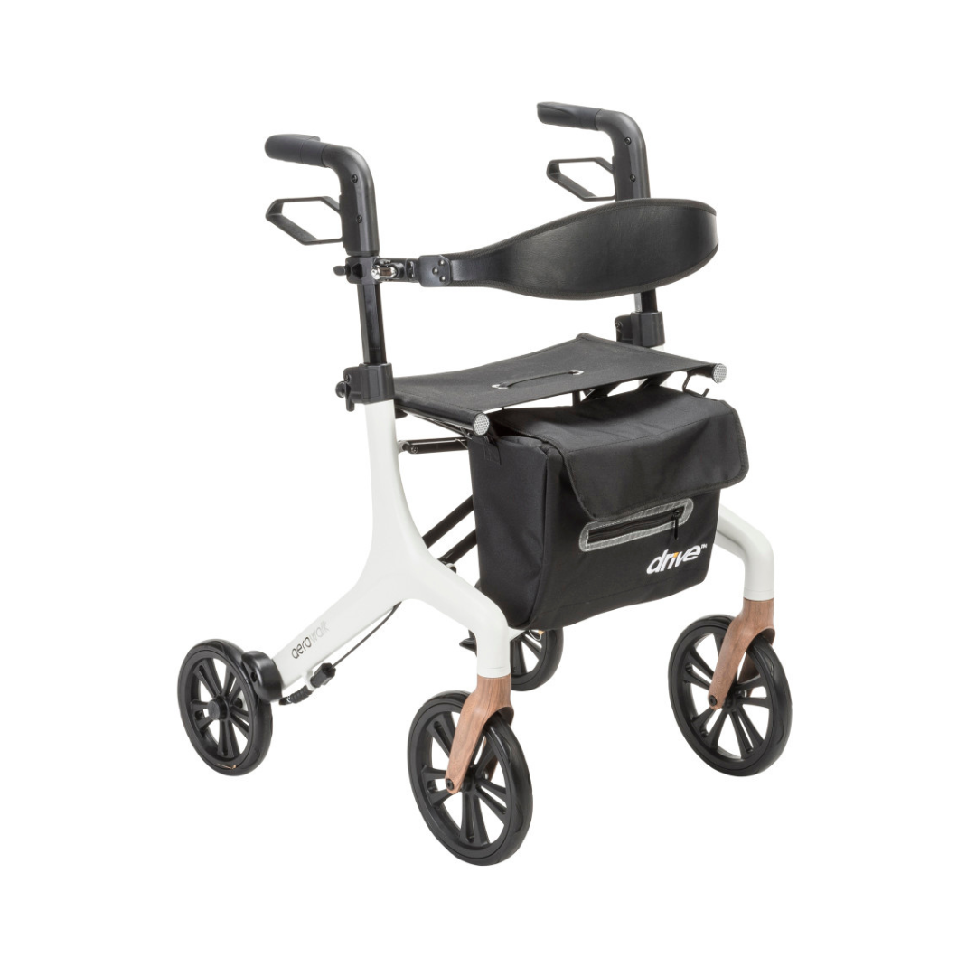 The Drive AeroWalk Ultra-Lite Rollator features a modern, ultra-light design with four large wheels, ergonomic adjustable handles, a black seat, curved backrest, and a detachable black storage bag attached to the front frame.